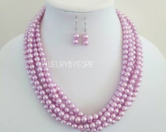 Lilac Purple Chunky Pearl Necklace Set, Statement Necklace, Multi Strand Necklace, Bib Beaded Layered Necklaces for Women Fall Wedding gifts