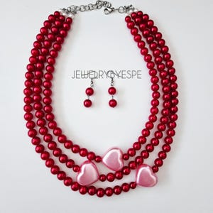 Chunky Pearl Necklace Set, Pink Heart Pendant Statement Necklace, Layering Necklaces for Women, Multi Strand Vintage Wedding Jewelry Gifts