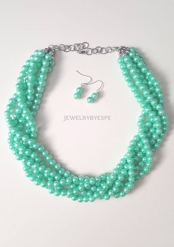 Mint Pearl Chunky Necklace Set, Layering Necklaces for Women, Statement Necklace, Multi Strand Necklace, Nautical Beach Wedding spring