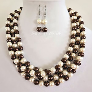 Brown & Beige Chunky Pearl Necklace with Earrings, Statement Necklace, Layering Necklaces for Women,Vintage Necklace, Rustic Wedding