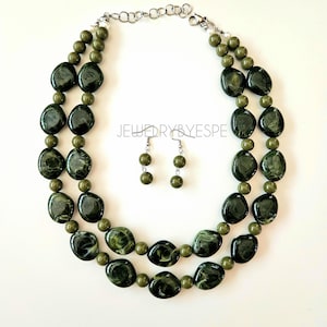 Olive Green Double Strand Necklace Set, Statement Necklaces for Women, Chunky Necklace, Layered Boho Vintage Necklace, Rustic Wedding
