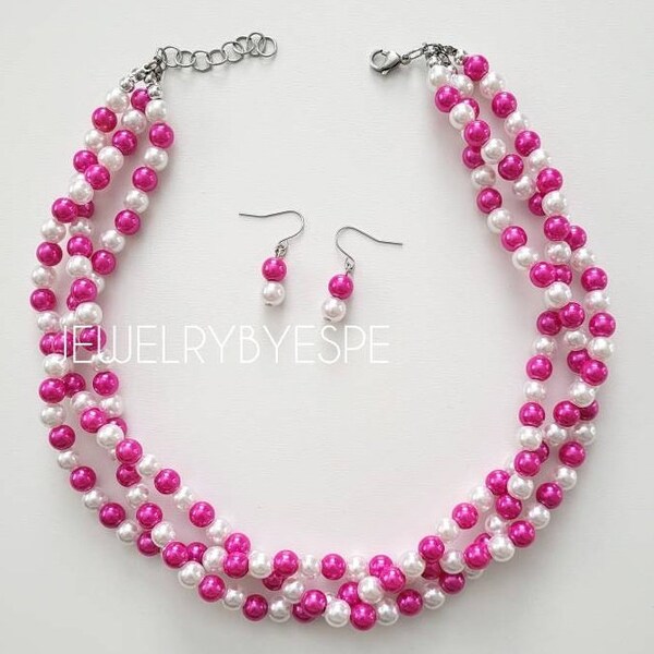 Hot Pink & White Pearl Braided Ombre Necklace Set, Statement Necklace, Chunky Pearl Necklace, Multi Strand Necklace, Magenta spring summer