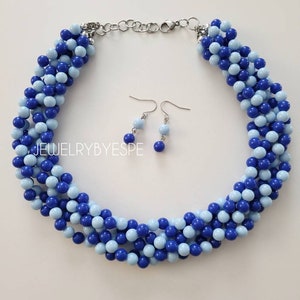 Cobalt Blue Pastel Blue Braided Necklace Set, Statement Necklaces, Chunky Bib Multi Strand Necklaces for Women, Choker, Nautical Wedding