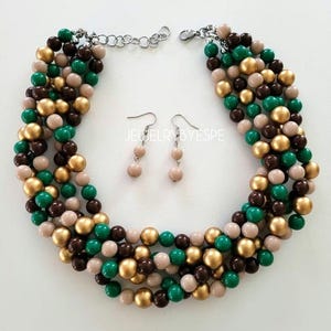 Taupe Brown Dark Green Gold Statement Necklace Set, Chunky Layered Layering Necklaces for Women, Multi Strand, Rustic Fall Wedding Jewelry