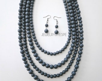 Grey Layered Necklace Set, Multi Strand Statement Necklace, Bib Chunky Necklace, Layering Necklaces for Women, Long Beaded Necklace, Summer