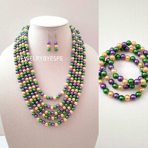 Mardi Gras Jewelry Set, Purple Gold Green Chunky Pearl Statement Necklace, Multistrand Layered Mardi Gras Festival Parade Holiday Jewelry