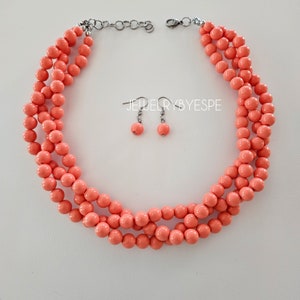 Coral Peach Necklace Statement Necklace Chunky Necklace Multi Strand Necklace Peachy Coral Beaded Necklaces for Women spring summer wedding