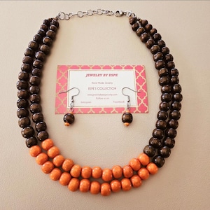 Brown and Orange Wood Beaded Necklace Set, Statement Necklace, Layering Necklaces for Women, Multistrand Boho Necklace Rustic Wedding Summer