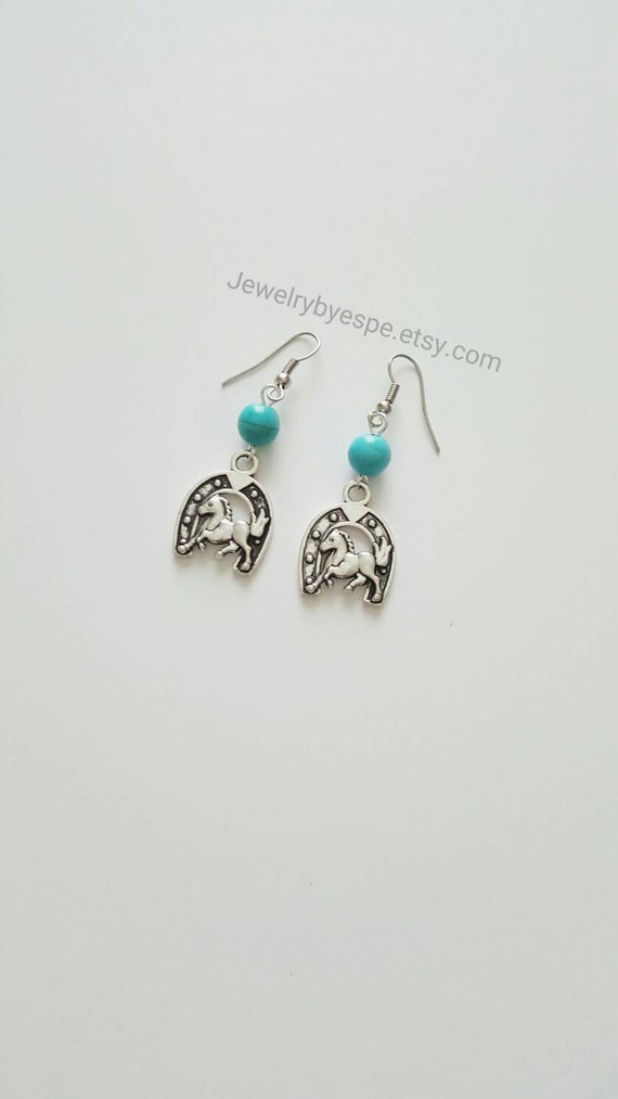 Horseshoe Earrings Statement Turquoise Drop Earrings Silver Etsy