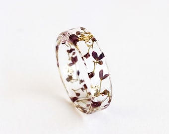 Burgundy Hydrangea Resin Ring, Real Pressed Flower, Transparent Botanical Ring, Nature Inspired Jewelry