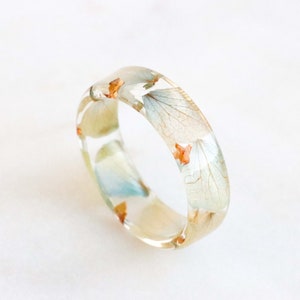 Floral Resin Ring with Real Pressed Blue Yellow Hydrangea Petlas and Gold/Silver/Copper Flakes, Non-Faceted Resin Ring, Nature Inspired Gift