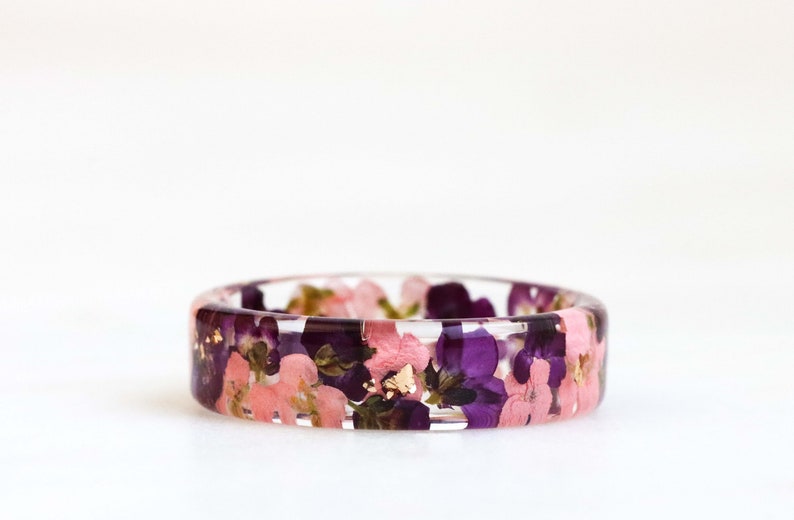 Resin Ring With Real Alyssum Flowers and Gold/Silver/Copper Flakes Inside, Nature Inspired Handmade Jewelry, Valentine's Day Gift image 2