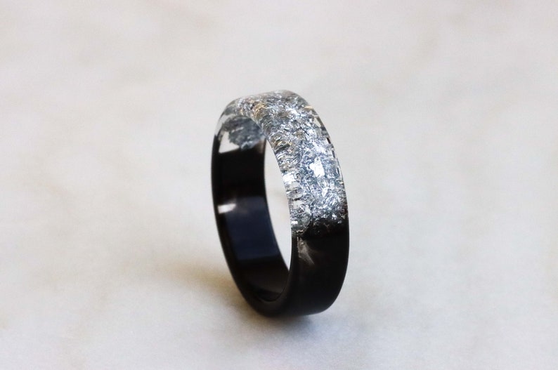 Two-Sided Ring, Black and Gold/Silver Resin Band, Nature Inspired Band with Gold/Silver Flakes, Chunky Ring, Mix-And-Match Jewelry silver flakes