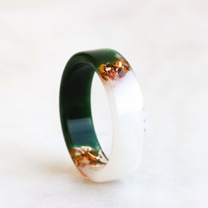 Two-Sided Ring, Green White Resin Band, Nature Inspired Band with Gold/Silver/Copper Flakes, Chunky Ring, Mix-And-Match Jewelry