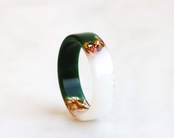 Two-Sided Ring, Green White Resin Band, Nature Inspired Band with Gold/Silver/Copper Flakes, Chunky Ring, Mix-And-Match Jewelry