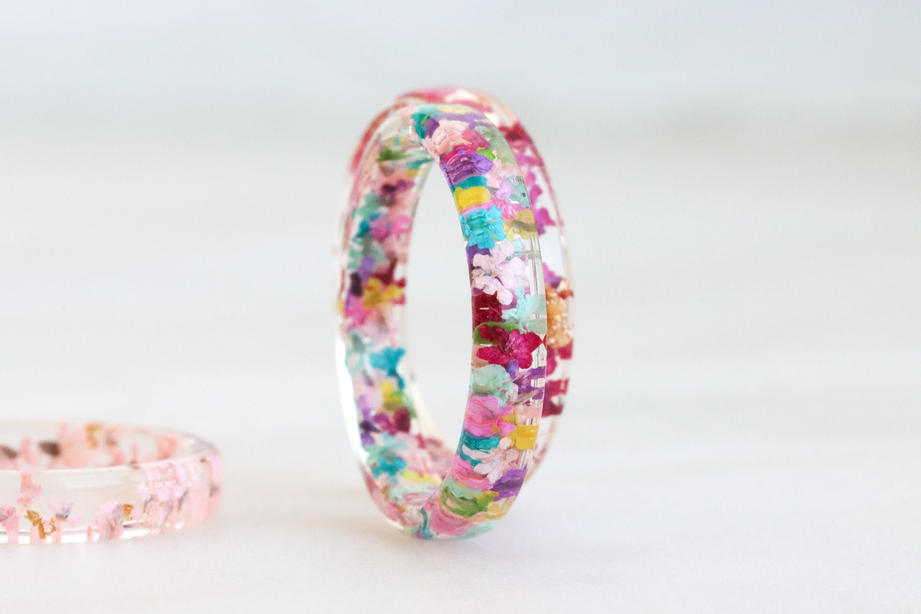 Set of 3 Resin Rings With Pressed Flowers, Thin Rings, Clear
