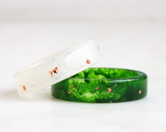 Set of Two Green White Resin Rings with Gold/Silver/Copper Flakes, Couples Jewelry, Mother's Day Gift