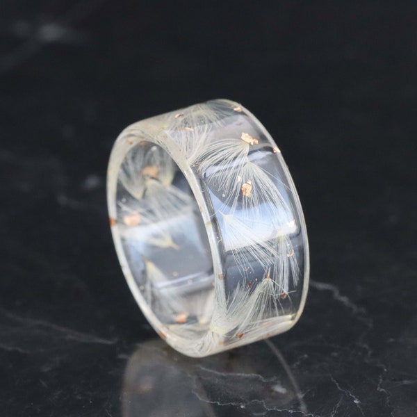 Löwenzahn Ring, Harzring mit Löwenzahnblättern, Breiter Ring mit echten Blumen, Transparenter Ring, Weihnachtsgeschenk, Wunschgeschenk