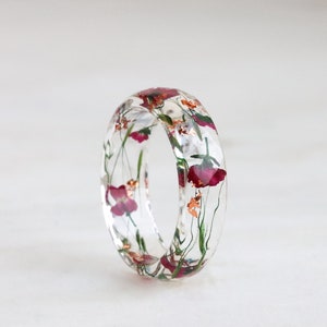 Resin Ring with Pressed Pink and Green Flowers and Silver/Gold/Copper Flakes, Nature Jewelry, Faceted Ring