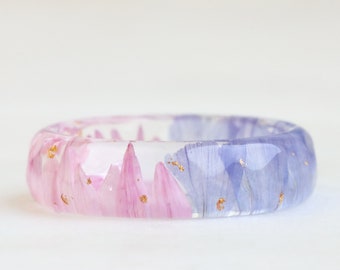 Two Sided Resin Ring Band with Pressed Blue Pink Petals and Gold/Silver/Copper Flakes, Nature Inspired Gift with Real Flowers, Mother's Day