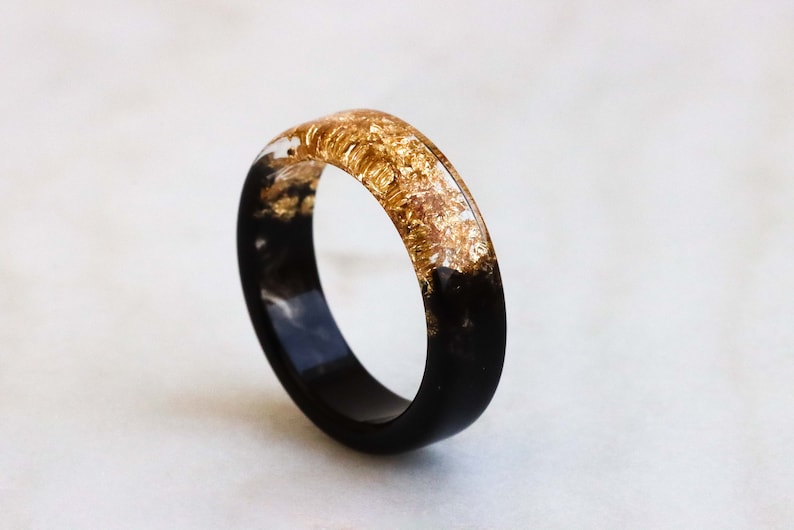 Two-Sided Ring, Black and Gold/Silver Resin Band, Nature Inspired Band with Gold/Silver Flakes, Chunky Ring, Mix-And-Match Jewelry gold flakes