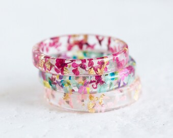 Set of 3 Resin Rings With Pressed Flowers - Thin Rings - Clear Ring Band - Summer Gift