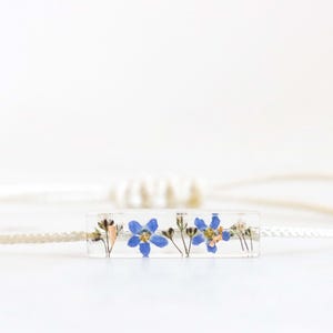 Pendant Bracelet with Real Pressed Forget-Me-Not and Gypsophila Flowers Inside, Textile Cord Bracelet, Nature Inspired Mother&#39;s Day Gift