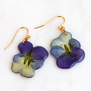 Real pansy flower earrings with natural purple petals