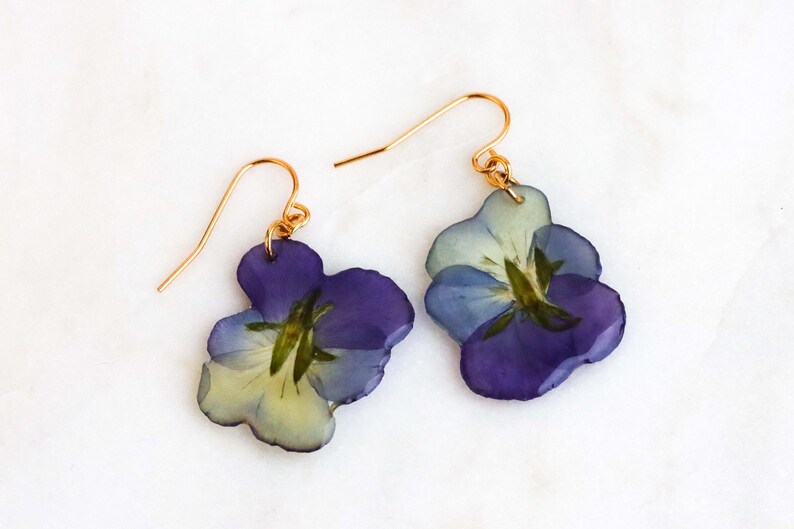 Real pansy flower earrings with natural purple petals