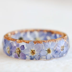 Forget-Me-Not Ring Floral Band With Light Blue Flowers and Gold/Silver/Copper Flakes Resin Jewelry Faceted Ring with Tiny Flowers image 1