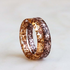 Set of Two Rings with Gold and Rose Gold Flakes, Couple Rings, Nature Inspired Thin Rings, Birthday Gift