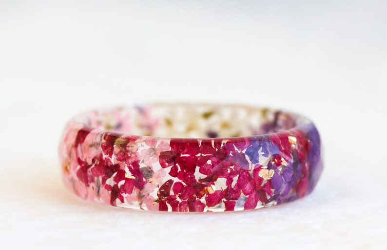 Resin Ring with Pressed Pink, Purple, White Queen Anne's Lace Flowers and Silver/Gold/Copper Flakes, Faceted Ring image 4