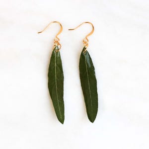 Op de afbeelding: Een paar gouden oorbellen met groene bladeren. De bladeren zijn lang en smal en lijken op wilgenbladeren.