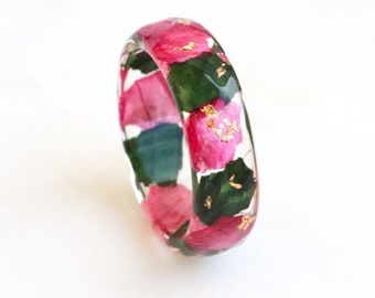 Nature Inspired Resin Ring With Pressed Tulip Petals and Rose Leaves - Nature Inspired Jewelry - Birthday Gift