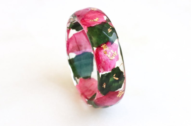 Nature Inspired Resin Ring With Pressed Tulip Petals and Rose Leaves Nature Inspired Jewelry Birthday Gift image 1