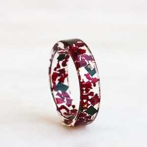Nature Inspired Resin Ring with Eucalyptus Leaves, Gladiolus Petals and Gold Flakes - Nature Inspired Clear Ring