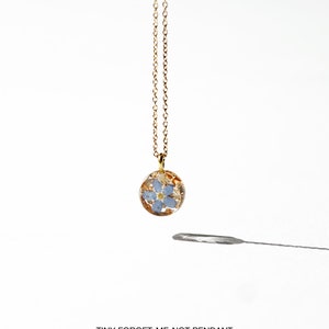 Chain Necklace with Pressed Blue Forget-Me-Not Flower and Gold Flakes Pendant, Round Pendant with Gold/Silver Chain, Birthday Gift image 2