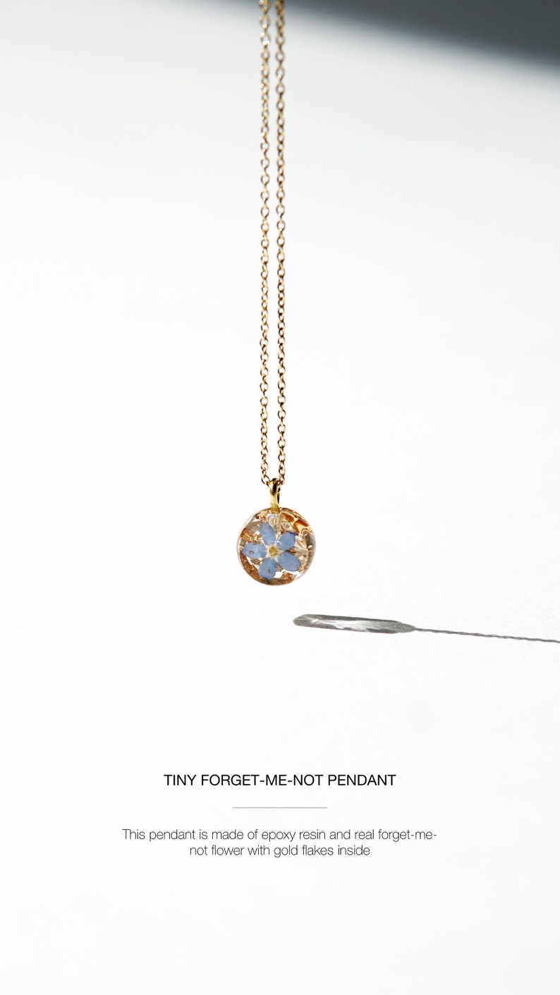 Chain Necklace with Pressed Blue Forget-Me-Not Flower and Gold Flakes Pendant, Round Pendant with Gold/Silver Chain, Birthday Gift image 2