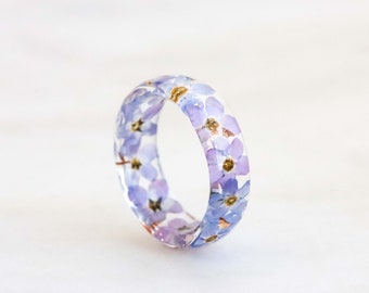 Bague en résine avec fleurs myosotis, bijoux en résine, bague à facettes avec fleurs bleues roses, cadeau amoureux de la nature, cadeau de Thanksgiving