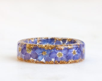 Forget-Me-Not Ring, Resin Ring with Real Blue Purple Flowers Inside, Nature Inspired Jewelry