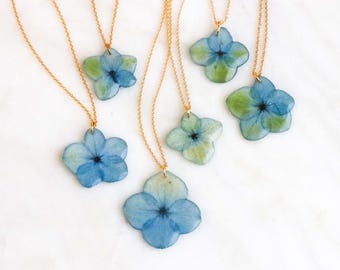 Blue Hydrangea Necklace, Real Flower Pendant, Botanical Resin Jewelry