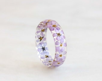 Pink Forget-Me-Not Resin Ring, Real Pressed Flowers  Inside, Nature Inspired Jewelry, Faceted Floral Band