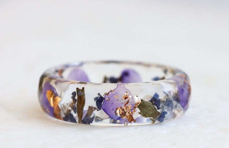 Lavender Resin Ring with Pressed Flowers and Leaves Dried Lavender Clear Blue Purple Green Ring Real Flowers Inside image 2