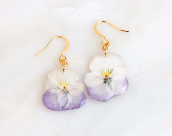 Pressed Pansy Earrings, Real Flower Earrings, Resin Coated Floral Jewelry