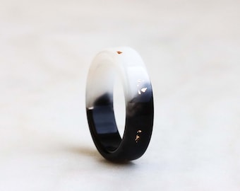 Two-Sided Resin Ring - Black and White Ring with Gold/Silver/Copper Flakes - Duality Jewelry