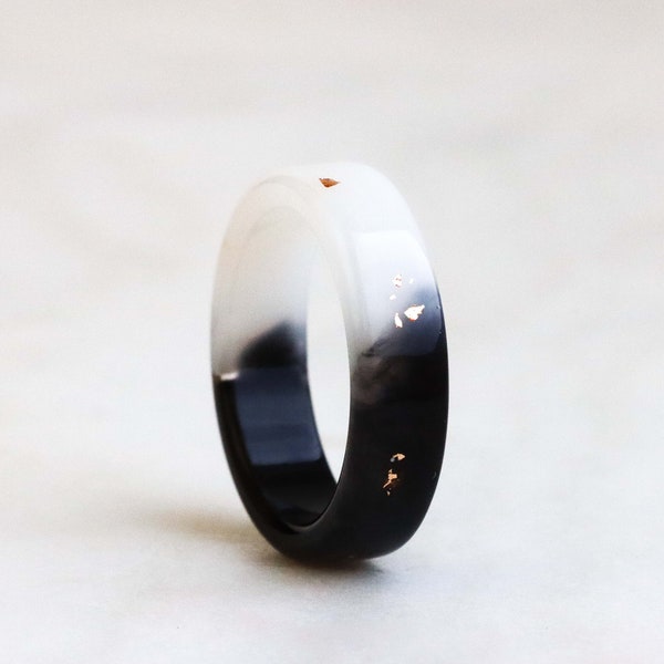 Two-Sided Resin Ring - Black and White Ring with Gold/Silver/Copper Flakes - Duality Jewelry