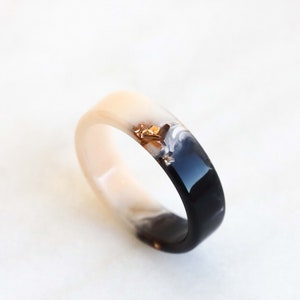 Two-Sided Ring, Black Beige Resin Band, Nature Inspired Band with Gold/Silver/Copper Flakes, Chunky Ring, Mix-And-Match Jewelry