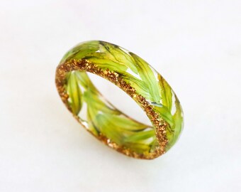 Resin Ring with Green Petals and Gold/Silver/Copper Flakes, Nature Inspired Jewelry, Real Petals Inside, Floral Gift For Mother's Day