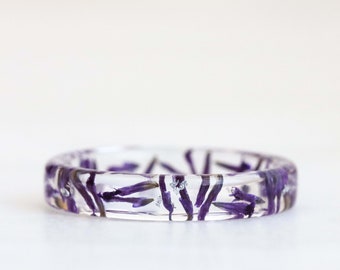 Thin Resin Ring With Pressed Purple Sea Lavender, Purple Silver/Gold/Copper Ring Band, Nature Inspired Resin Jewellery, Birthday Gift