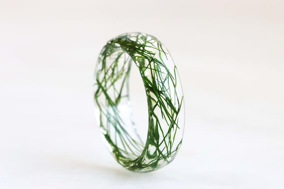 Green Grass Resin Ring, Real Leaves Faceted Band